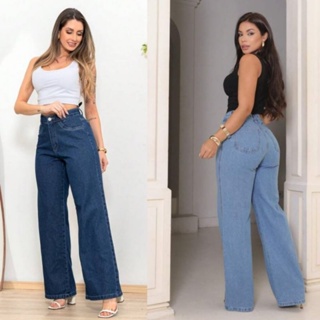 calça wide leg jeans feminina cintura alta em Oferta na Shopee