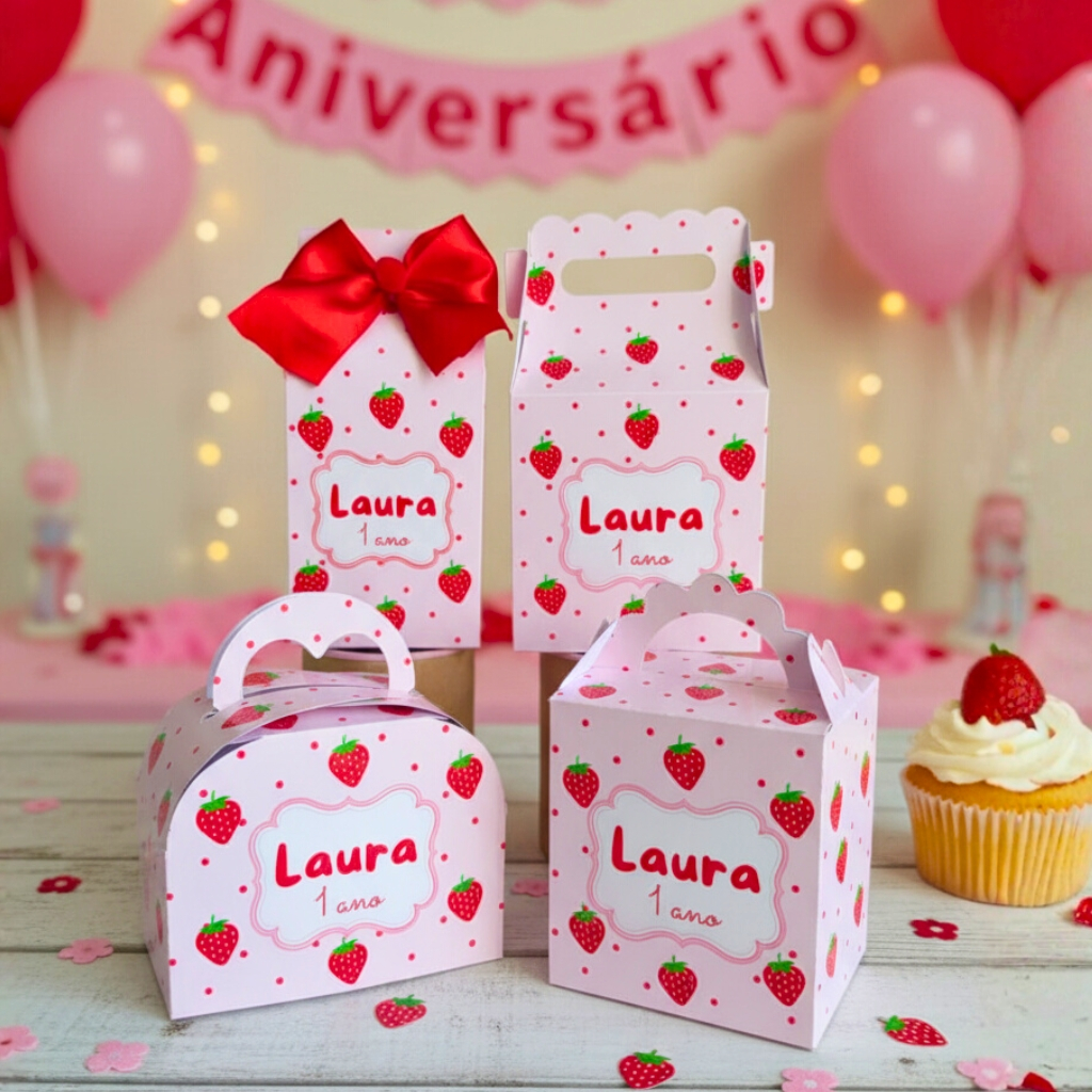 Caixinha Lembrancinha Tema Morango Personalizada | Nome e Idade | Festa Infantil Aniversário Menina | Decoração Mesa
