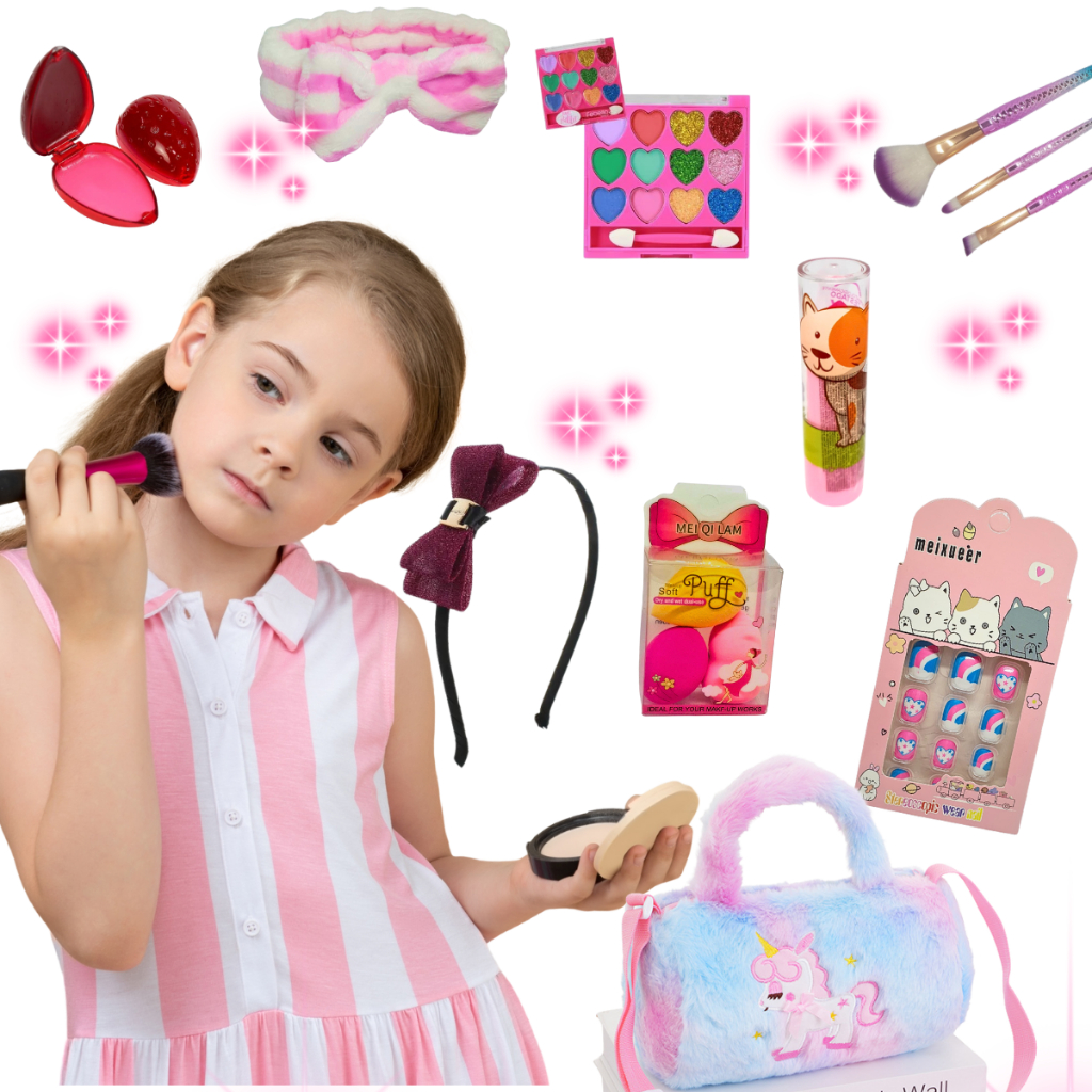 Kit Maquiagem Infantil Menina Bolsinha Peluciada com Alça Paleta de Sombra Batom Pincel Tiara com Laço Presente Criança