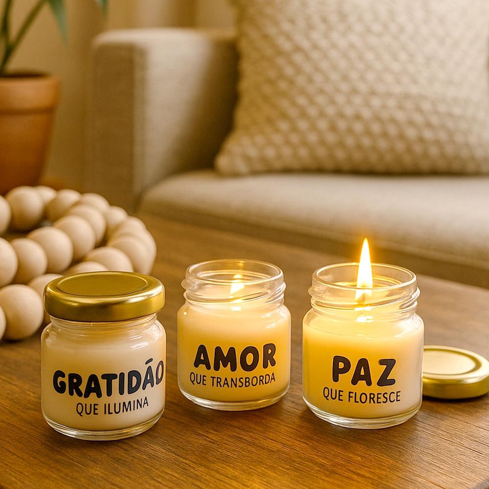 3 MINI Velas Aromáticas LEMBRANCINHAS Cera Vegetal Paz Amor Gratidão Morango Flor Cerejeira Bamboo