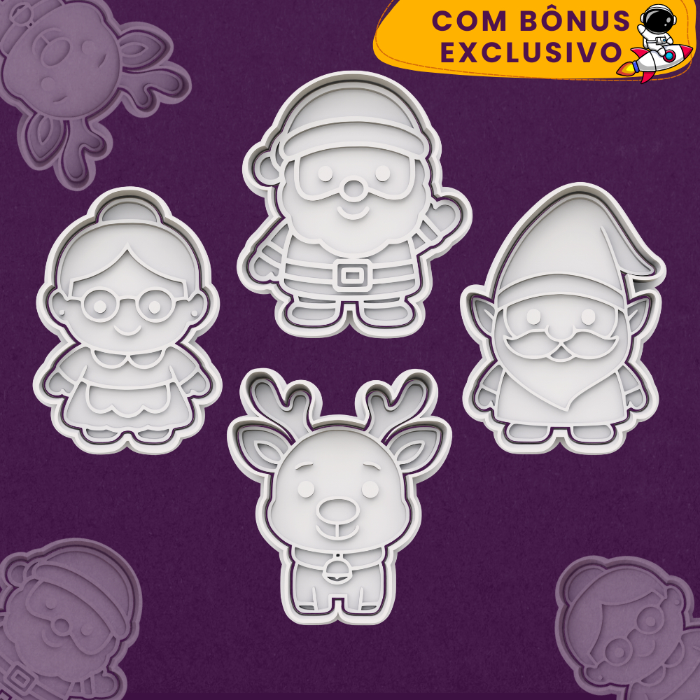 Kit Cortador de Biscoito Natal Família Noel Papai Noel Vovó Noel Rena Gnomo - 3D Verso