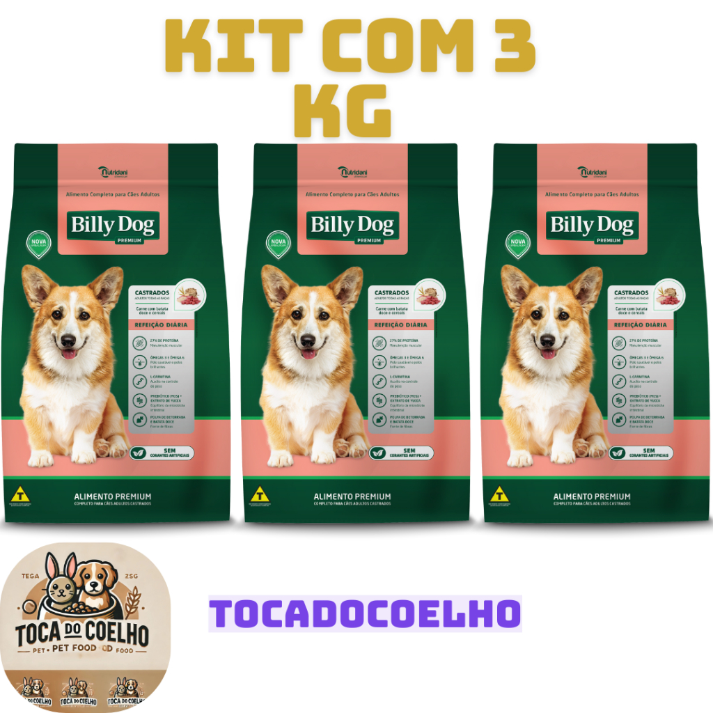 Kit com 3Kg Ração Billy Dog Cães Castrados
