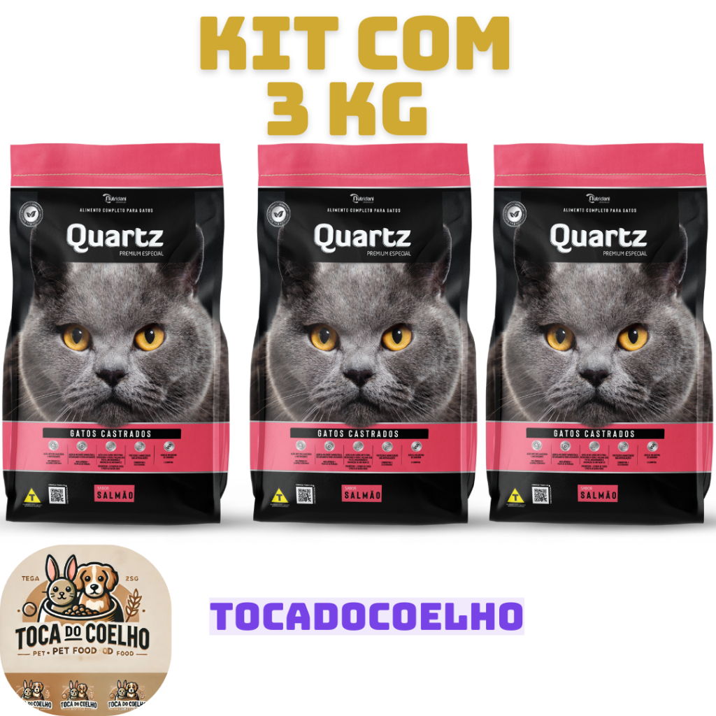 KIT com 3Kg Ração Quartz Gatos Castrados Salmão em Oferta na Shopee