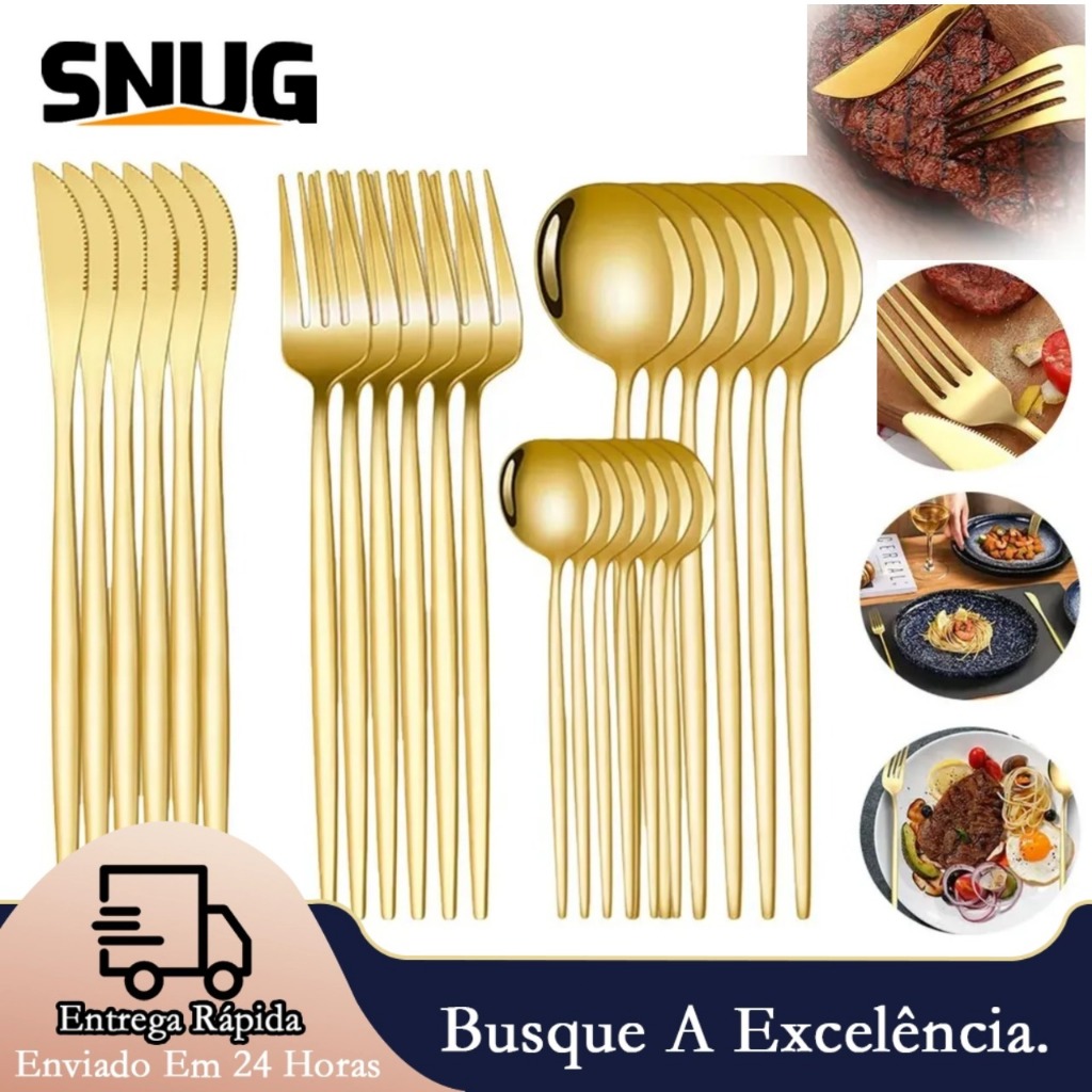 Kit 24 Jogo De Talheres Aço Inoxidável 416 Dourados/Prata Adequado Para Festas