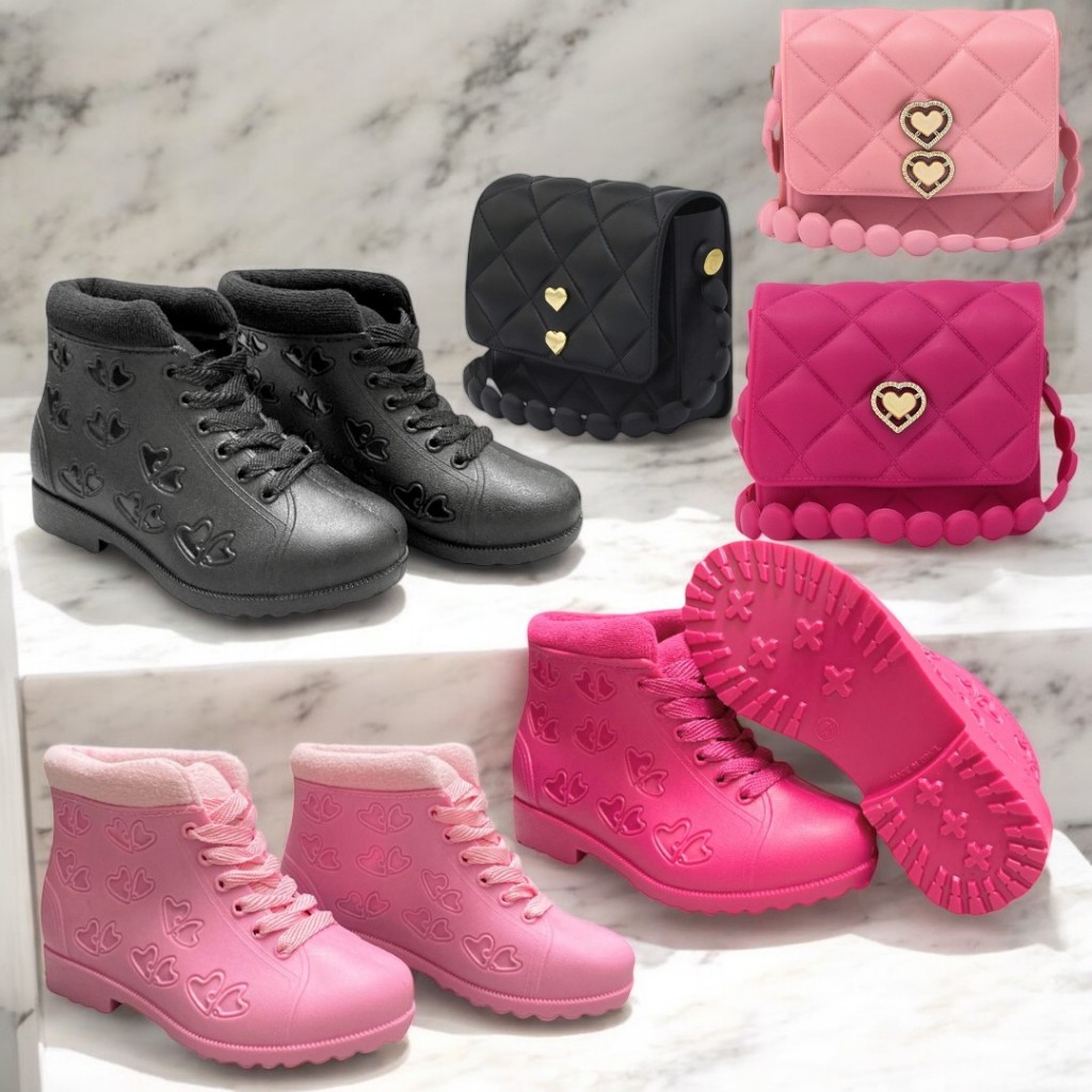 Conjunto Infantil Bota + Bolsinha Coração Feminino | Material Confortável E Impermeável .