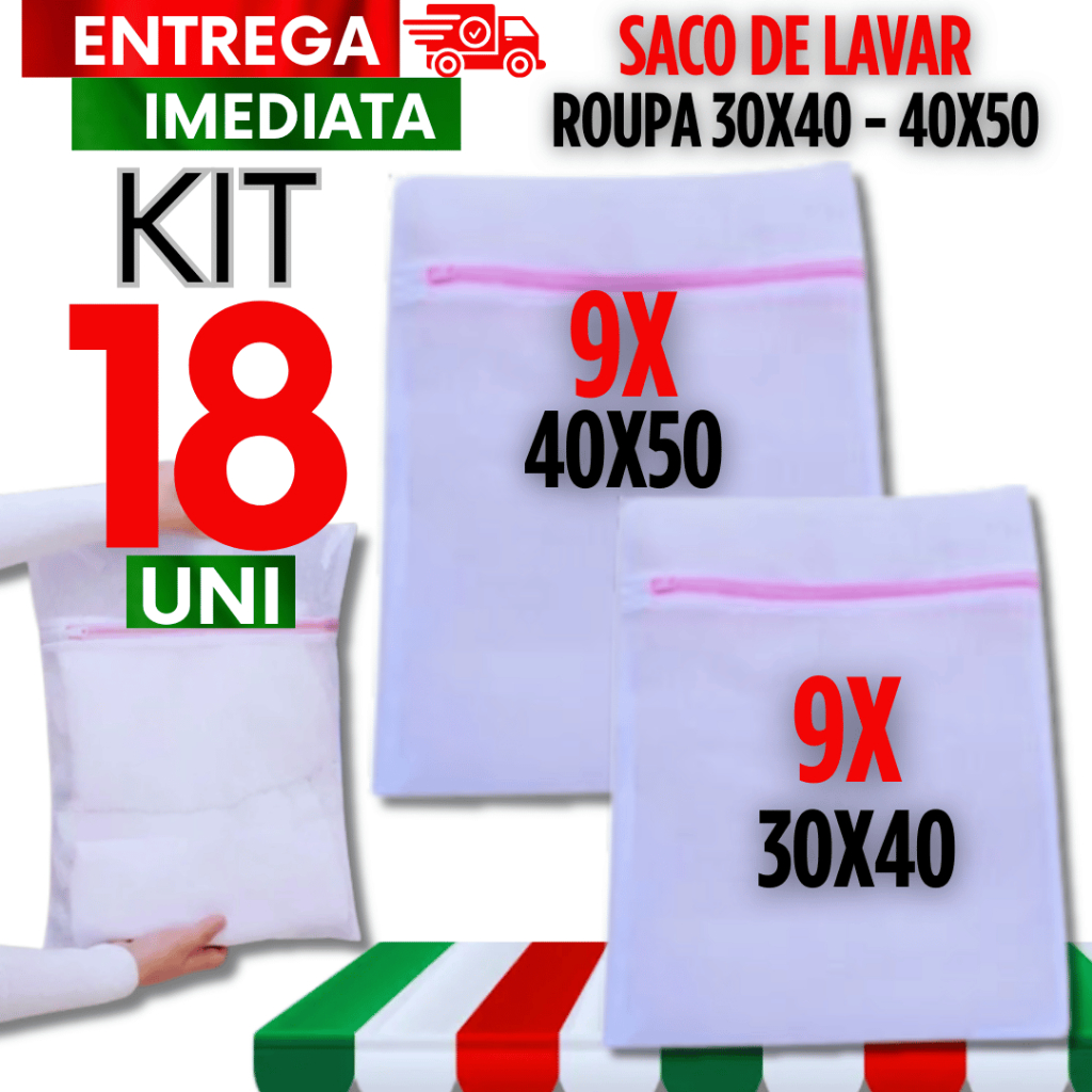 Kit 18 Saco de Lavar Roupa 9 Peça 40X50 + 9 Peças 30x40 Roupa Delicada Intima Tanquinho Saco Maquina
