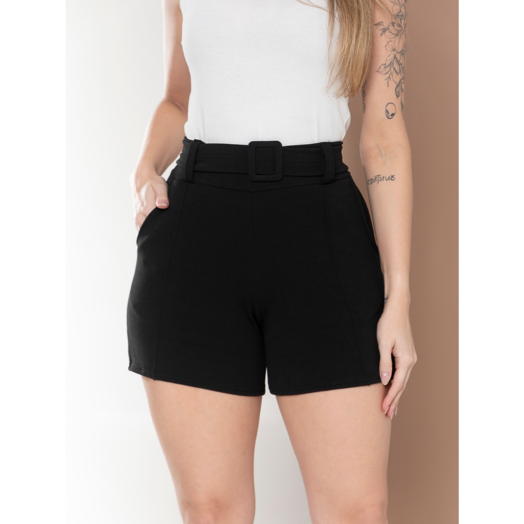 SHORT FEMININA CINTURA ALTA BOLSO NA FRENTE FIVELA ENCAPADO em Oferta na Shopee