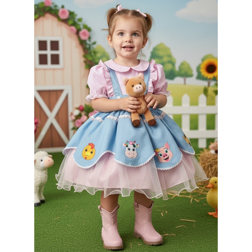 Vestido Infantil Menina Tematico Fazendinha Fazenda Rosa Bebe Salopete Jeans Luxo Festa Aniversario