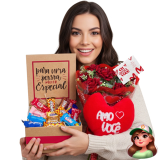 Kit Romântico | Buquê de Rosas + Cesta de Chocolates + Pelúcia + Cartão Romântico em Oferta na Shopee
