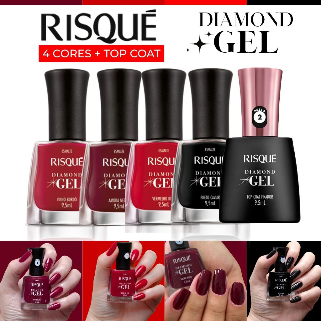 Kit 4 Esmalte Risque Diamond Gel Tons Vermelhos Cremoso Top Coat Fixador