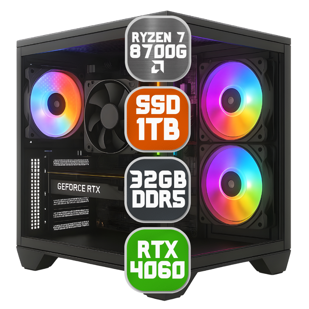 Pc Computador Gamer Amd Ryzen 7 8700G, RTX 4060 8GB, Ssd Nvme 1TB, 32gb DDR5, Water Cooler, 750W - Gabinete Aquário