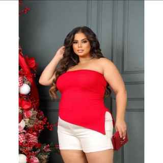 Blusa Femenina Plus Size Tomara q Caia Assimétrica Ribana Plus Size XG Com bojo removível blusinha lateral