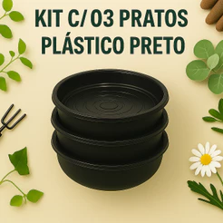 Kit 03 Pratos Plastico Preto - Para Vasos de Plantas Pequenos, Médios e Grandes