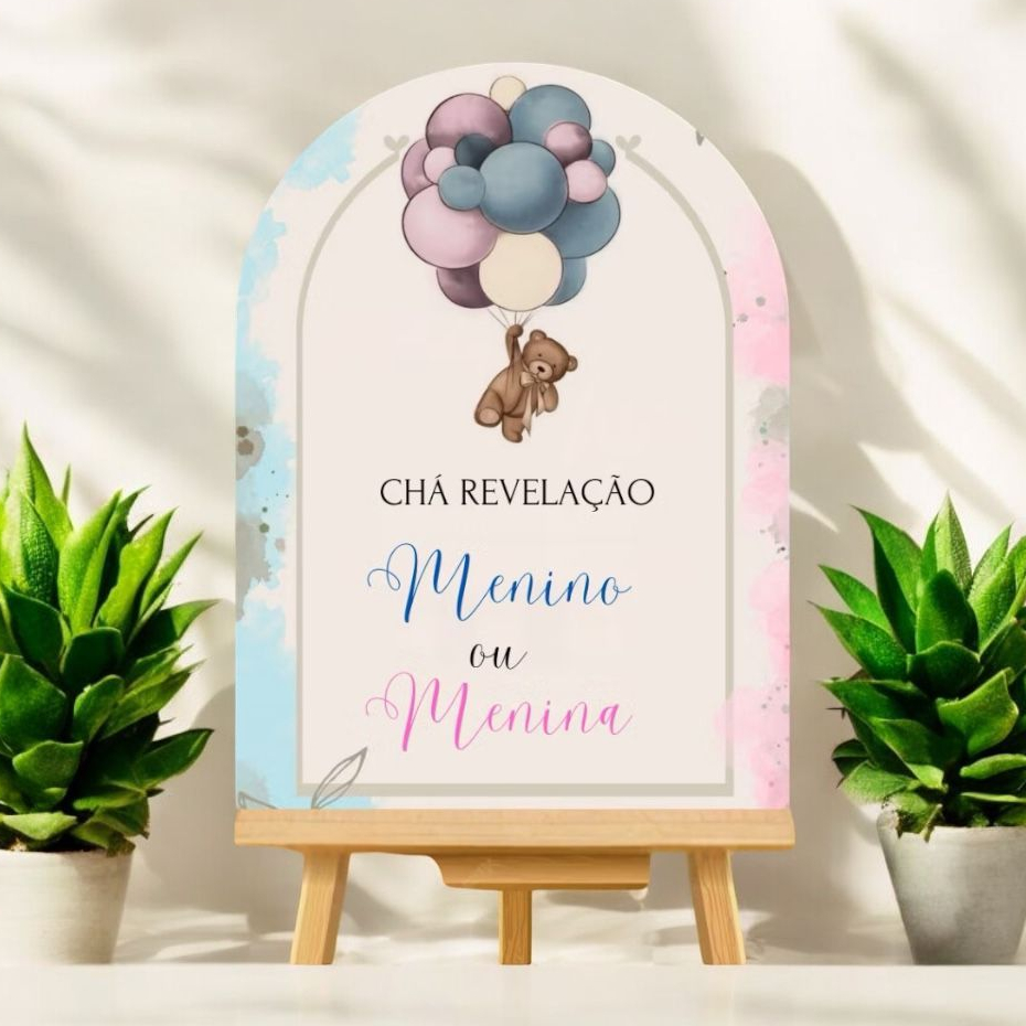 Quadro Decorativo Recepção Chá Revelação Ursinho Balhão Menina ou Menino