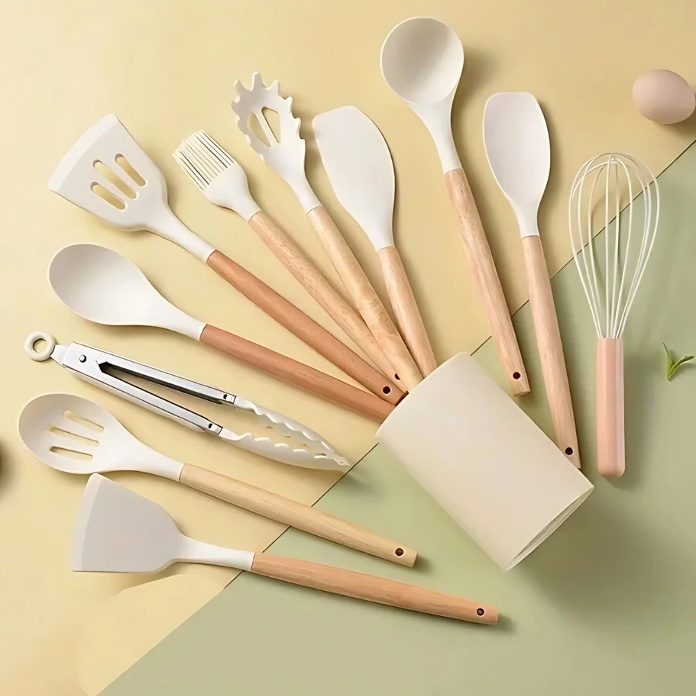 Jogo de Cozinha Kit 12 Peças de Silicone, Utensílios e Copo Suporte para Cozinha Cabo de Madeira