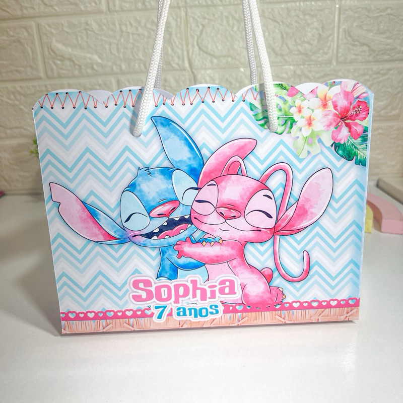 Sacola personalizada stitch e angel aquarela (PEGUE E MONTE) sacolinhas mimos personalizados lembrancinhas