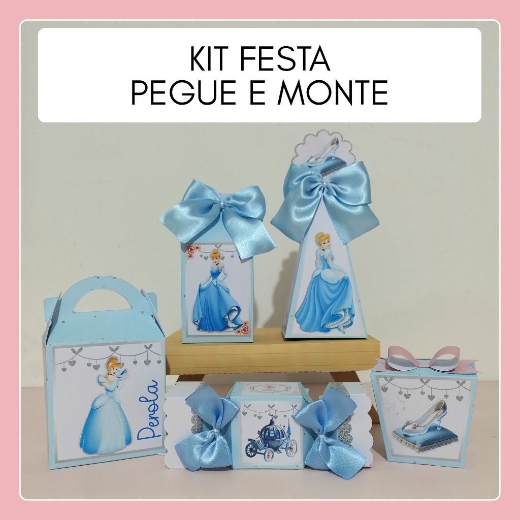 Kit Festa Cinderela PEGUE E MONTE Lembrancinhas Aniversário Caixinhas Personalizadas Papelaria