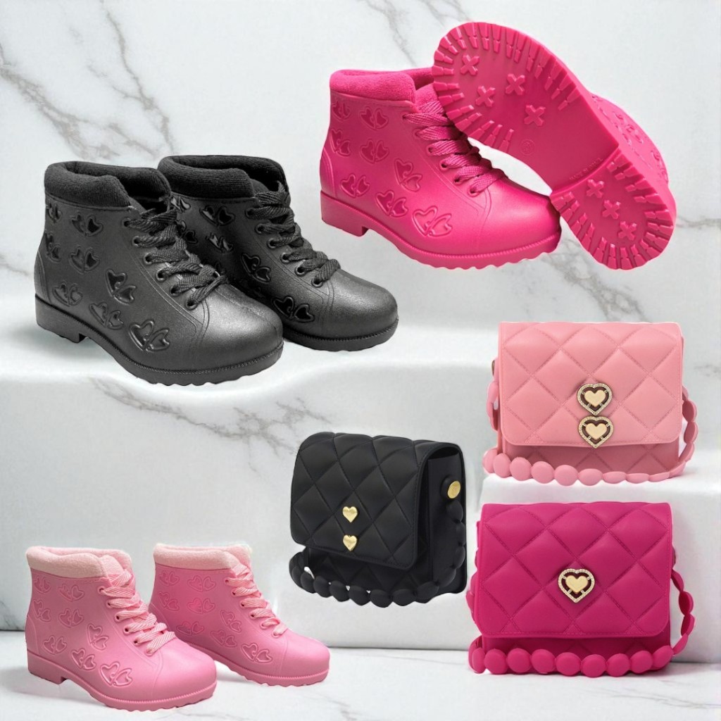 Conjunto Infantil Bota + Bolsinha Coração Feminino | Material Confortável e Impermeável