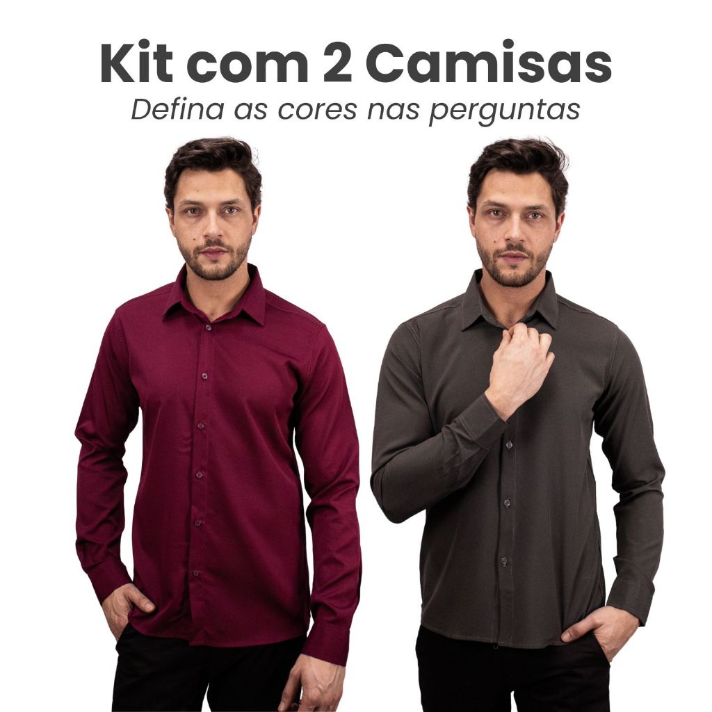 Kit 2 Camisa Social Masculina Slim Fit Manga Longa Plus Size
