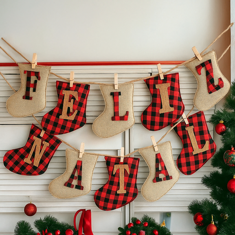 Enfeite Natal Decoração Corda c/ Botas Varal Feliz Natal