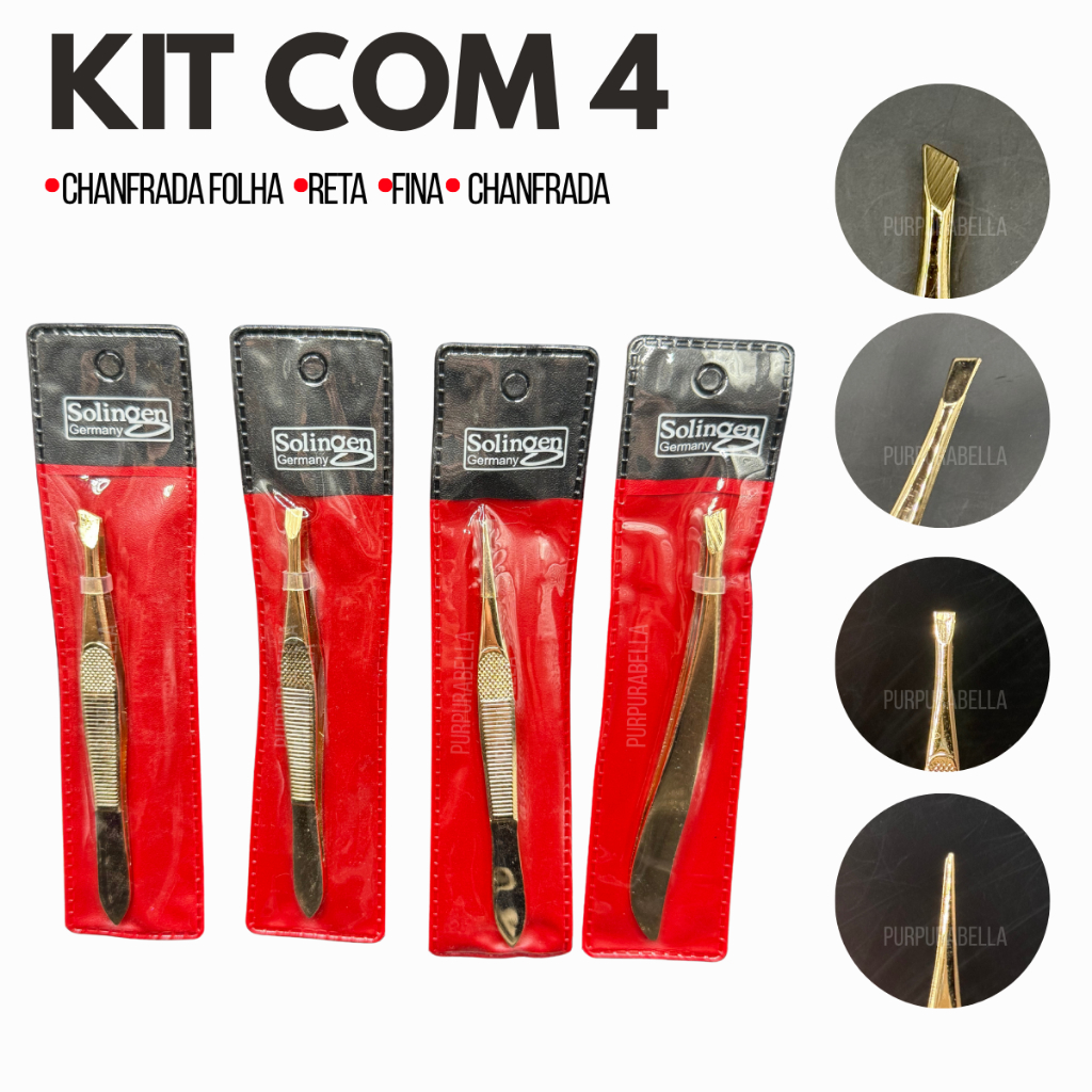 Kit 4 Pinças Solingen Design Sobrancellhas Aço Inox |Reta, Chanfrada, Chanfrada Folha e Ponta Agulha