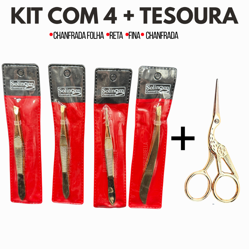 Kit 4 Pinças Solingen + Tesourinha Design Sobrancelhas (Reta+Chanfrada+Ponta Agulha+Chanfrada Folha) em Oferta na Shopee