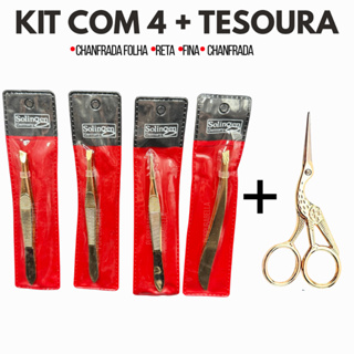 Kit 4 Pinças Solingen + Tesourinha Design Sobrancelhas (Reta+Chanfrada+Ponta Agulha+Chanfrada Folha) em Oferta na Shopee