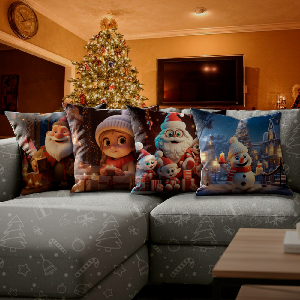 Kit 4 Capas de Almofadas Decorativas 45x45cm Feliz Natal Sala Quarto e Decoração Natalina Papai Noel