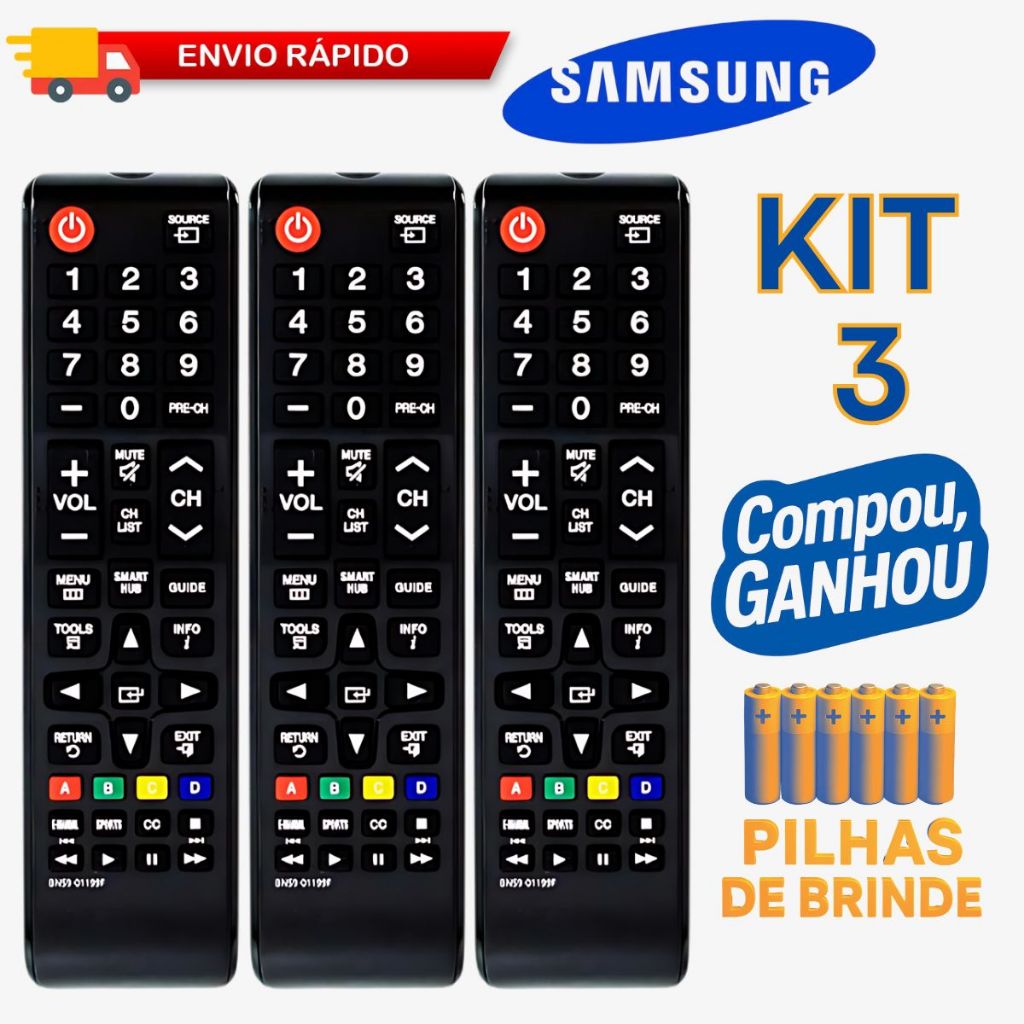 Kit Controle Remoto Compatível Samsung Smart TV com Pilhas Inclusas Pronto para Uso