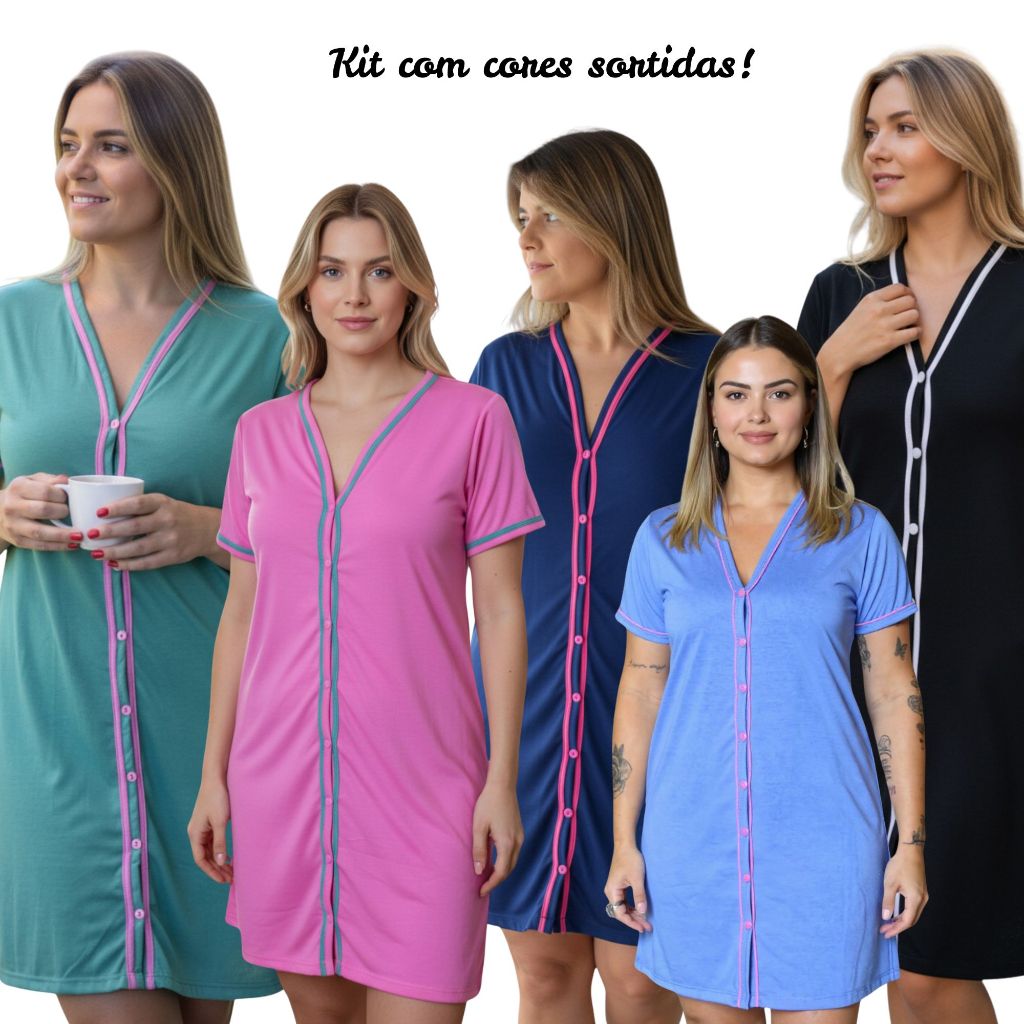 Kit com 3 Camisolas Amamentação Meia Manga com Botões Cirúrgica de Malha Cores Sortidas