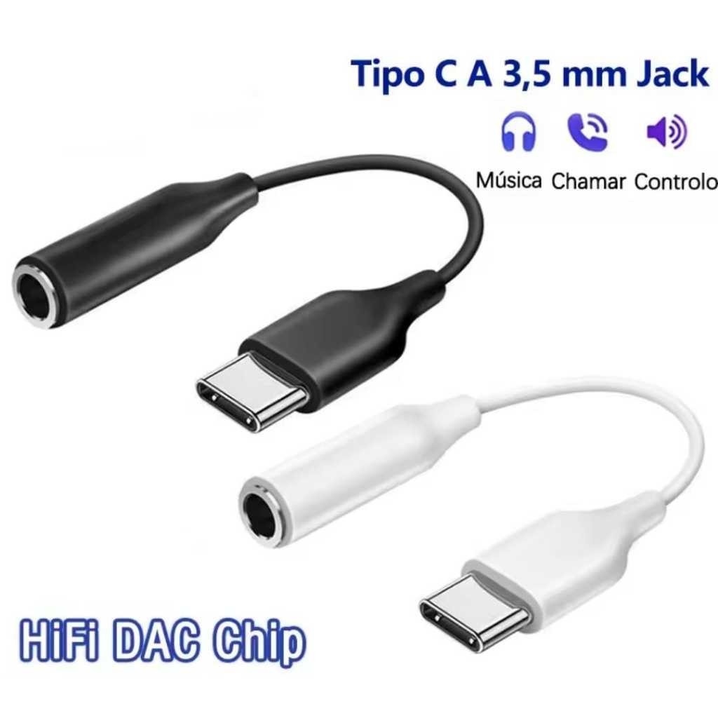 Adaptador Conector Tipo-C Ideal Para Fone De Ouvido Com Chip Dac Entrada P2 Branco Preto