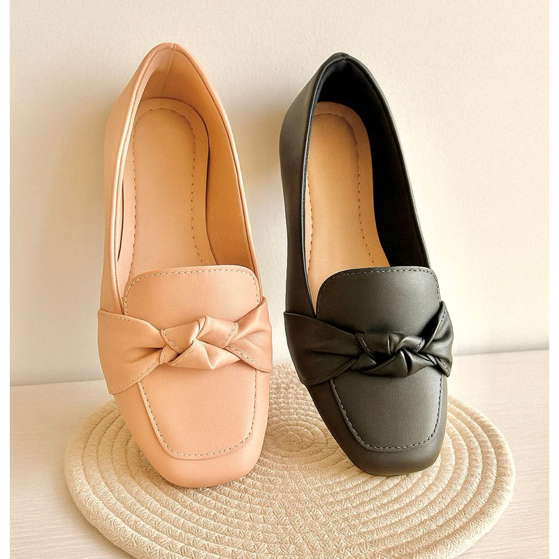 Mocassim feminina confortavel sapatilha bico quadrada nó preta rose nude