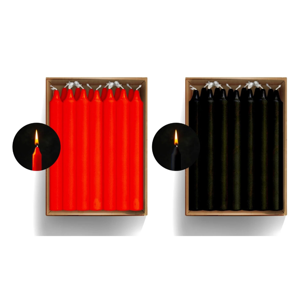 Kit 25 Velas Palito Vermelha + 25 Velas Palito Preta 14x1,5cm Parafina Pura