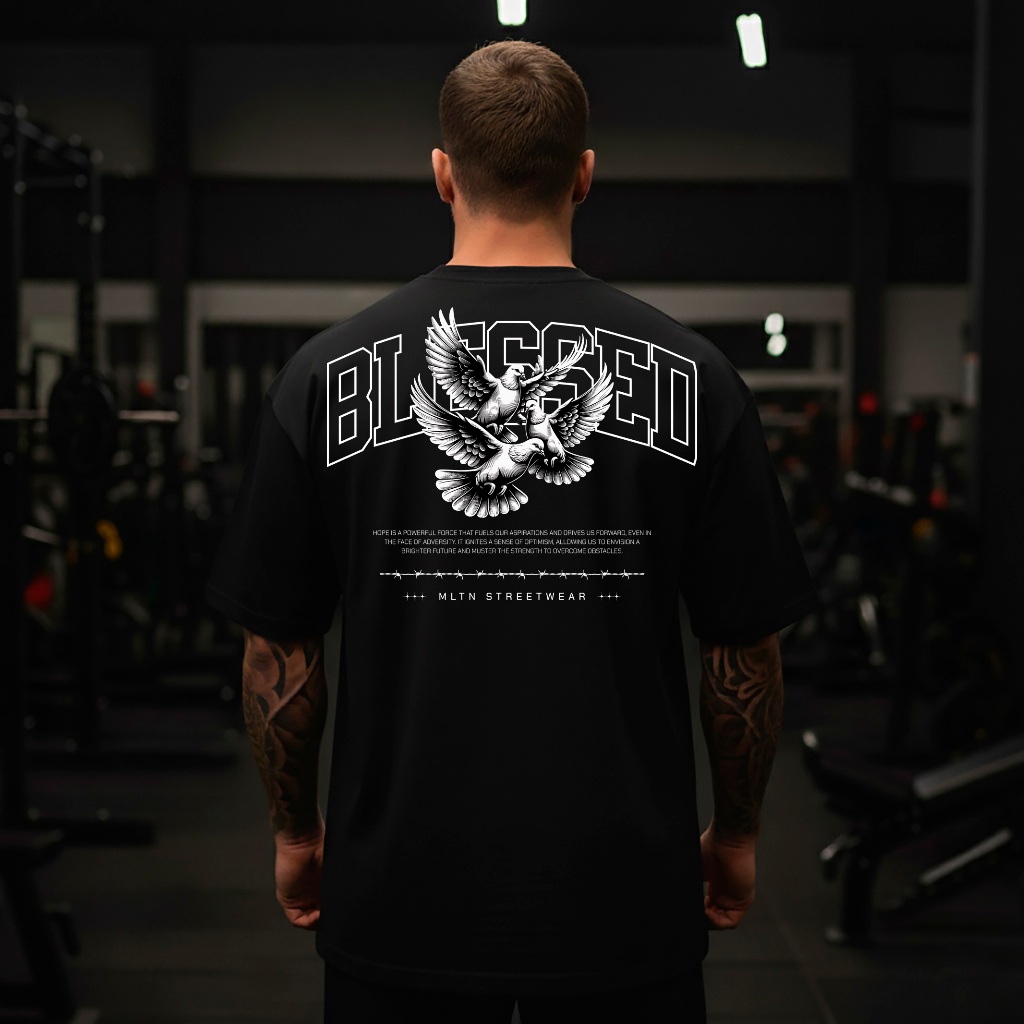 Camiseta Oversized Malha Grossa Blessed Masculina Streetwear Estampa Religiosa Pombas Academia
