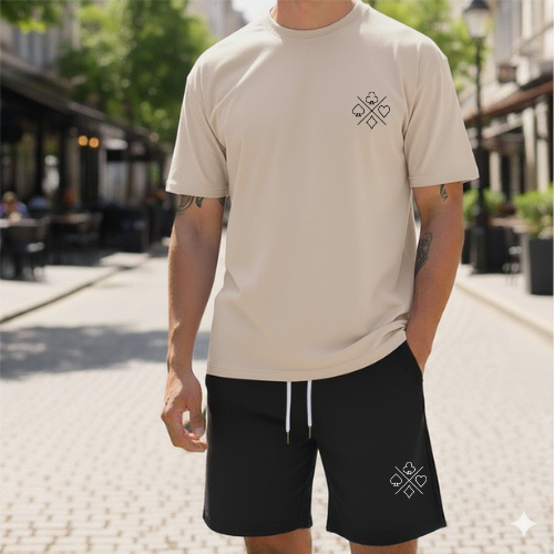 Conjunto Streetwear Premium: Camiseta Bege + Bermuda Poker Style | ♠️ Lançamento Urbano Conforto Total