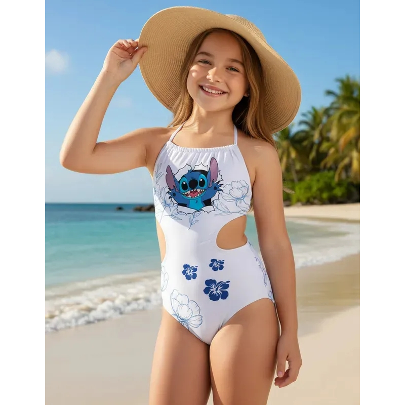 Maio Lilo & Stitch Branco Floral: Elegância Tropical para Pequenas Aventuras Aquáticas