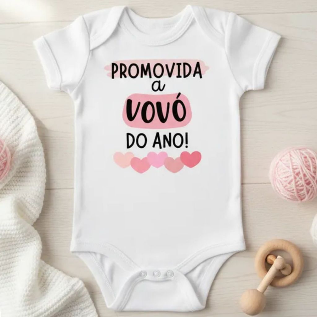 Body curto bebê branco divertido estampado frase promovida a vovó do ano revelação gravidez presente em Oferta na Shopee