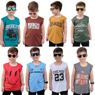 Kit Com 3 Regatas 100% Algodão Sortidas Infantil Menino Lançamento  Verão Camiseta Veste 2 ao 12 Anos