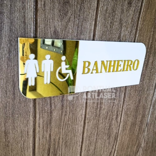 Placa de Banheiro Sinalização Masculino Feminino em Acrílico Espelhado Dourado