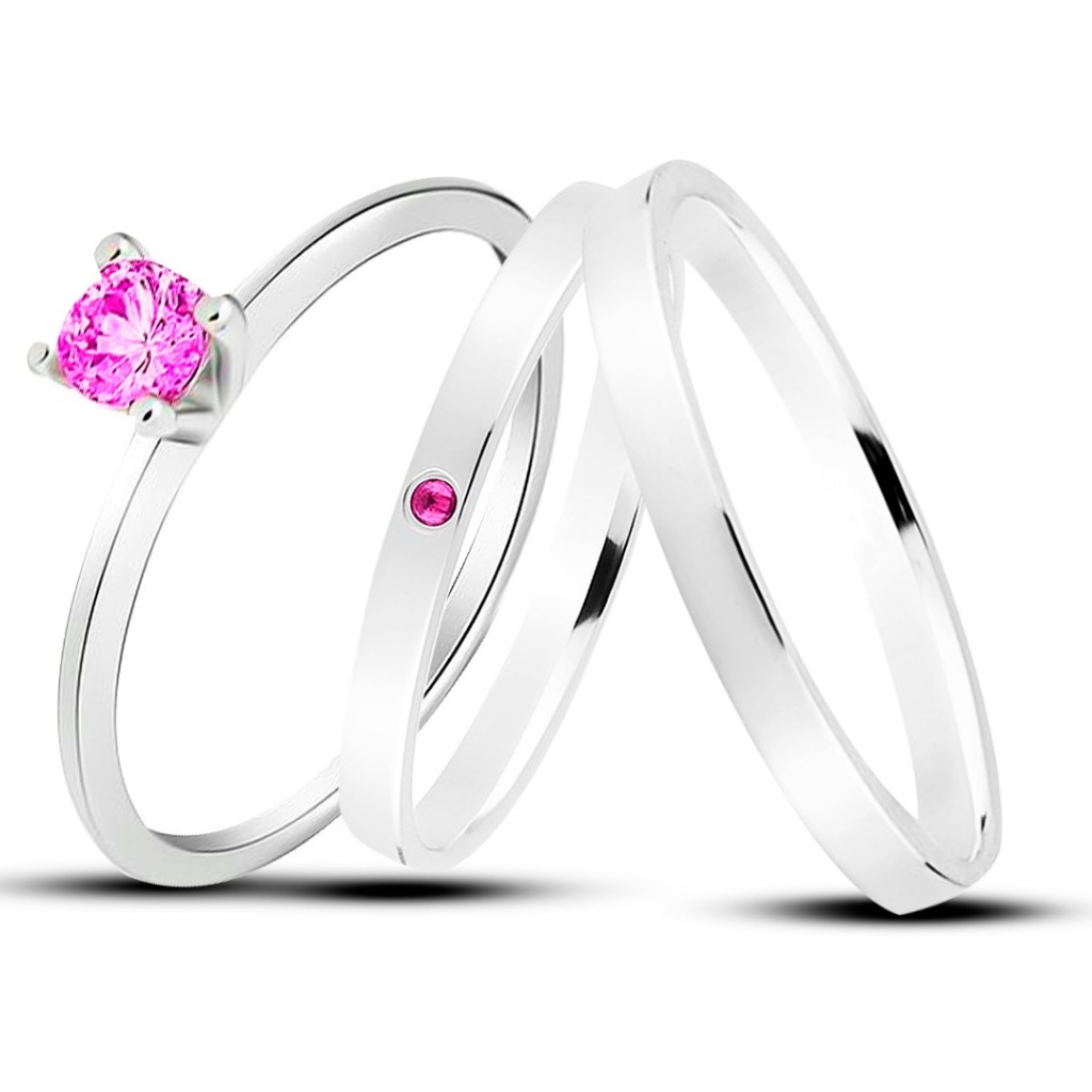 PAR DE ALIANÇAS DE PRATA 950 2MM NAMORO COMPROMISSO PEDRA ROSA + ANEL SOLITÁRIO PERSONALIZADA COM GRAVAÇÃO