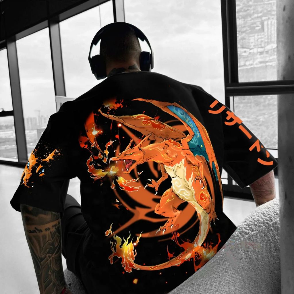 Camiseta Oversized Pokémon Charizard Flames Aftersoul Unissex Plus Size P ao G5 100% Algodão