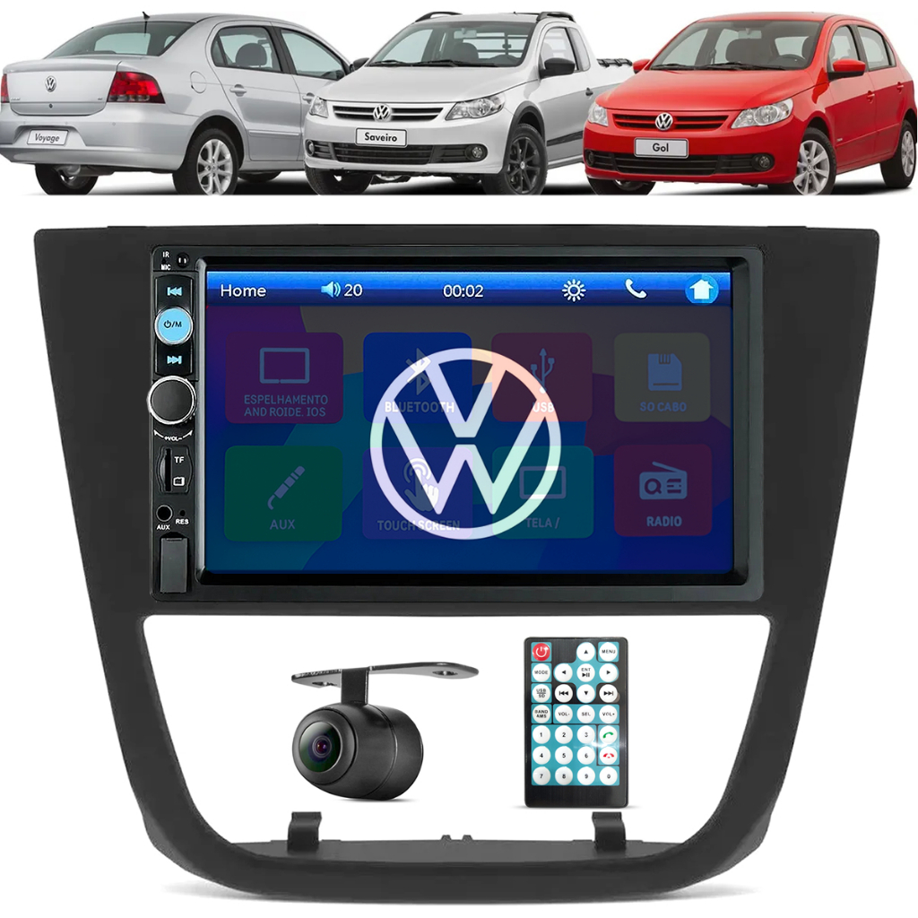 KIT Central Multimídia Mp5 Bluetooth RCA FM USB Gol G5 Gol Voyage Saveiro + Moldura + Câmera de Ré