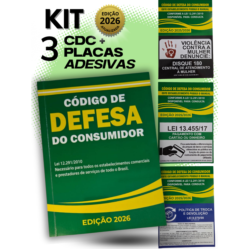 KIT Livro Código de Defesa do Consumidor + 3 Placas Adesivas | CDC Atualizado | Lojista