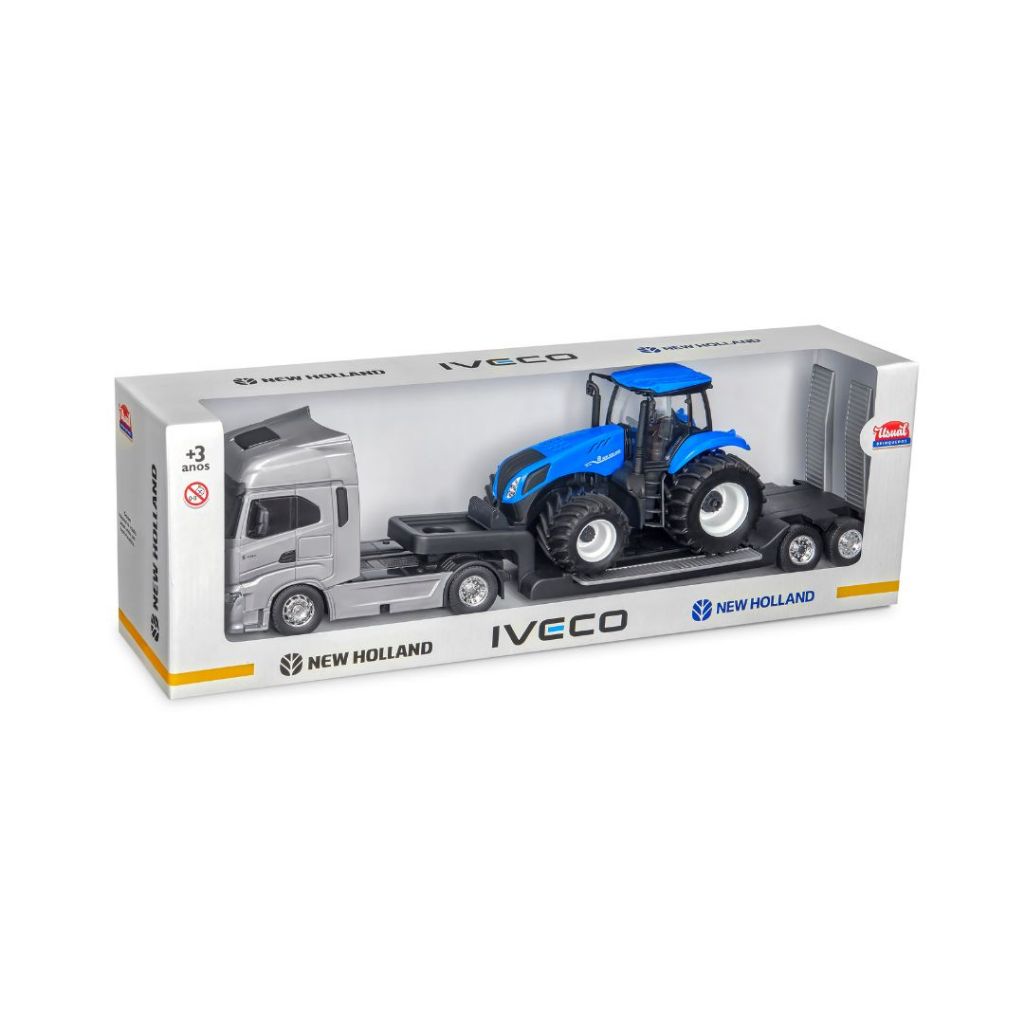 Caminhão Brinquedo New Holland Iveco S-Way Plataforma com Trator Agriculture T8 Miniatura