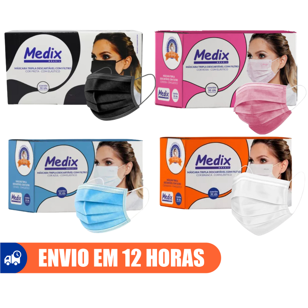 Máscara Descartável Cirúrgica Azul Branca Preto Rosa 50un 150un Medix em Oferta na Shopee