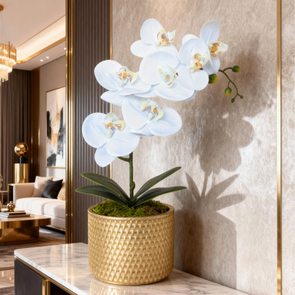 Arranjo Orquídea Toque Aparência Real Siliconada Vaso Rattan Dourado