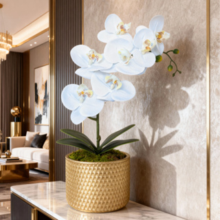 Arranjo Orquídea Toque Aparência Real Siliconada Vaso Rattan Dourado em Oferta na Shopee