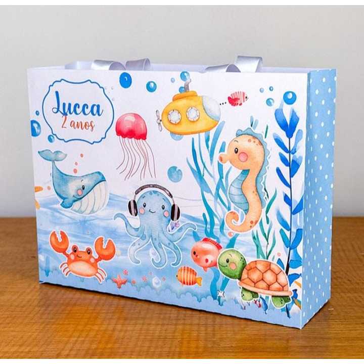 Sacolinha Personalizada Fundo do mar menino PEGUE E MONTE lembrancinhas kit para festa