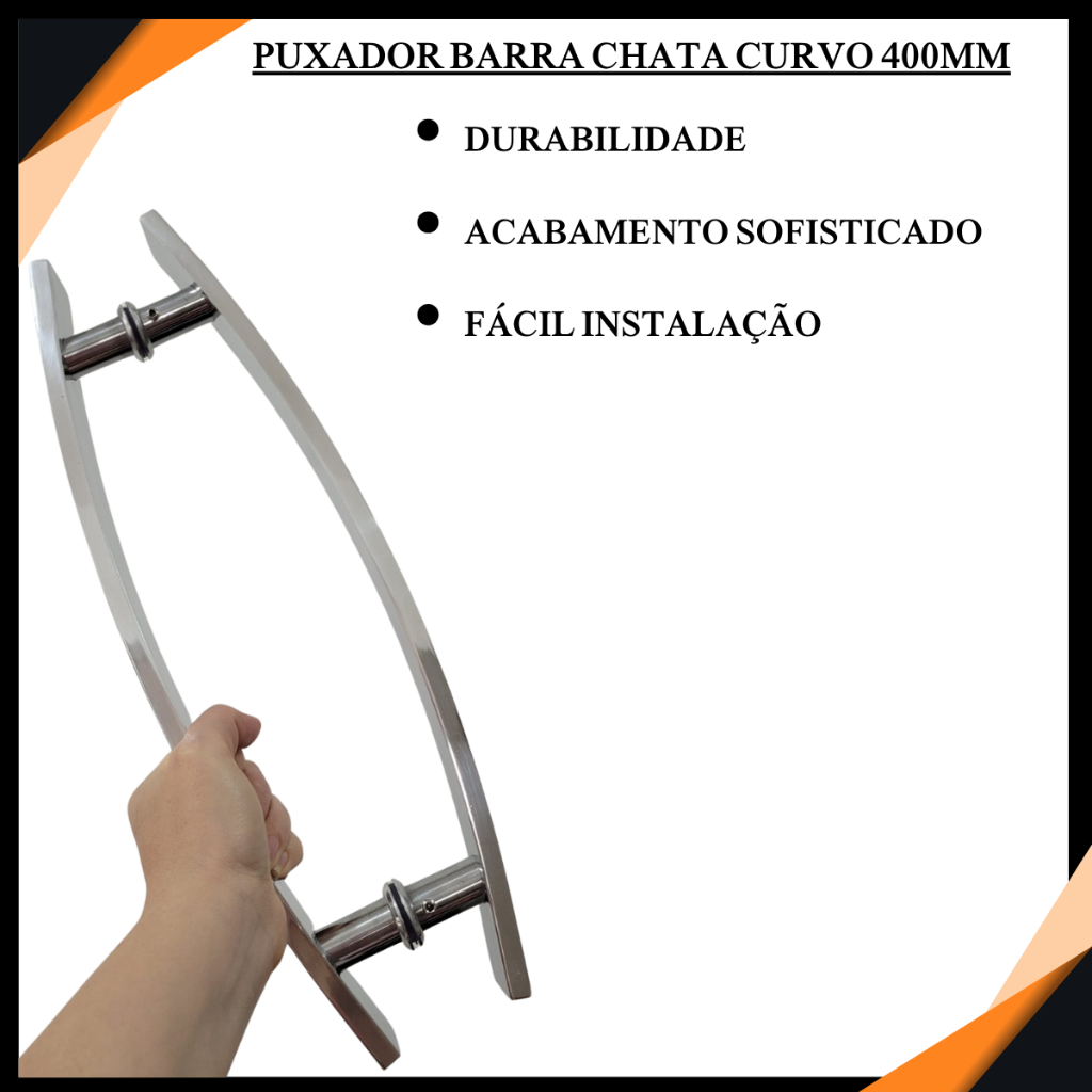 Puxador H barra chata curvo duplo polido 400x300mm para porta de vidro temperado