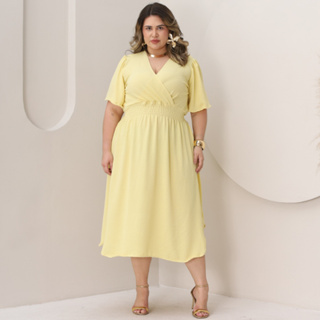 Vestido Feminino Midi Plus Size Transpassado Manga Curta Duna | Primavera/Verão em Oferta na Shopee